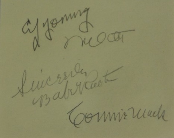 This pale yellow tinted cut of paper measures right around 4.5x5, and bears the signatures of a quartet of MLB HOF'ers.  Included in pencil are Cy Young, Mel Ott, Babe Ruth and Connie Mack, with all signatures grading 7's or better, and with all four men gone at least 65 years, this cut is valued well into the thousands!