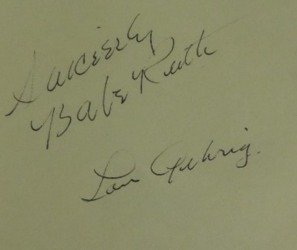 This vintage cut of pale yellow paper measures approximately 4.25x5 and is in EX+ condition.  It is hand-signed by the greatest pair of teammates in baseball history, Yankees legends, Babe Ruth and Lou Gehrig.  These ink signatures are bold and legible, grading a 6.5 or better each, and with both men gone since the 1940's, the book value here is well into the low thousands.  Still, we'll start the bidding with a tiny slice of that!