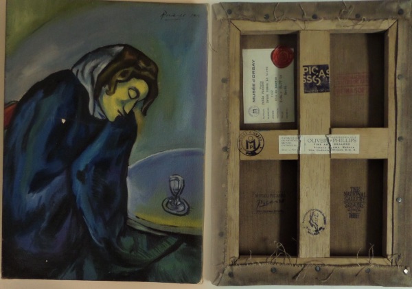 This 11x14 custom mounted canvas piece shows a woman sleeping at the table with a drink visible  and is well over 120 years old and NICE! Typical Picasso style and he has signed the top in black and dated from 1902!! Comes with several Gallery seals/stamps/markings on the reverse and BEGS to be framed and displayed! I've seen similar size and pieces from Picasso sell in the mid 6 figures.  Titled "Drunk Woman is Tired"! WOW!