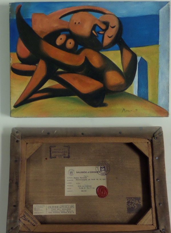 This 10x13 custom mounted canvas piece shows abstract objects and is titled "Personaages au bord la mer"  and is well over 90 years old and NICE! Typical Picasso style and he has signed the bottom in black with the year included! Comes with several Gallery seals/stamps/markings on the reverse and BEGS to be framed and displayed! I've seen similar size and pieces from Picasso sell in the mid 6 figures.  