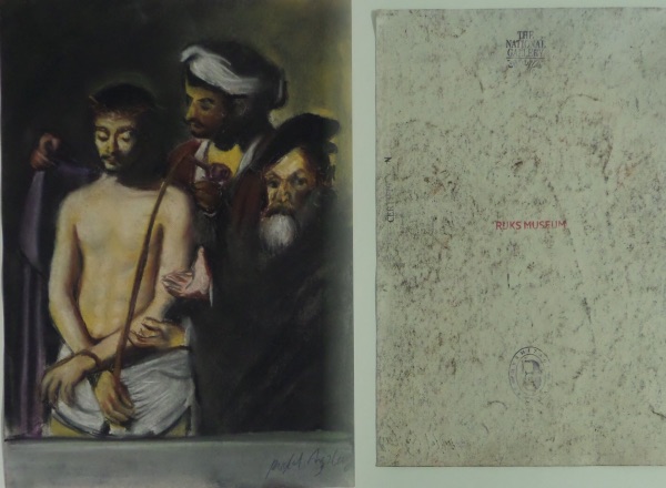 This amazingly rare piece is an apparent preparatory work done by this Italian Renaissance artist, architect, sculptor, etc. and measures 9"x12" in size. Depicts a scene of 3 men on it in great colors with 1 shirtless.  Signature is on the bottom right and the back of the rare gem contains Gallery markings and stamps from 3 diff. Galleries. WOW!