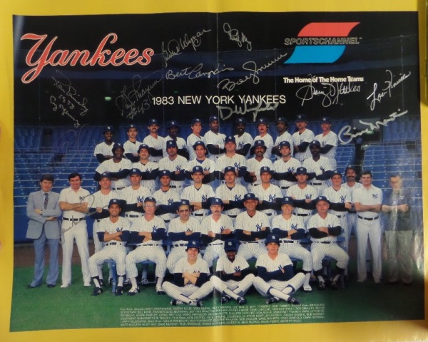 This rolled 17x21 poster is a full color team image of the '83 Bronx Bombers, and is in VG+/EX shape overall.  It is hand-signed in silver by no less than 12 team members, including Billy Martin (dec), Ron Guidry, Bert Campaneris, Bobby Murcer (dec), Dave Winfield, Lou Piniella, Graig Nettles, Rudy May, Butch Wynegar, Rick Cerone, and two others--please see our attached photo for a look at this unique NYY item, valued into the mid/high hundreds, especially with Martin, Winfield and Murcer present!