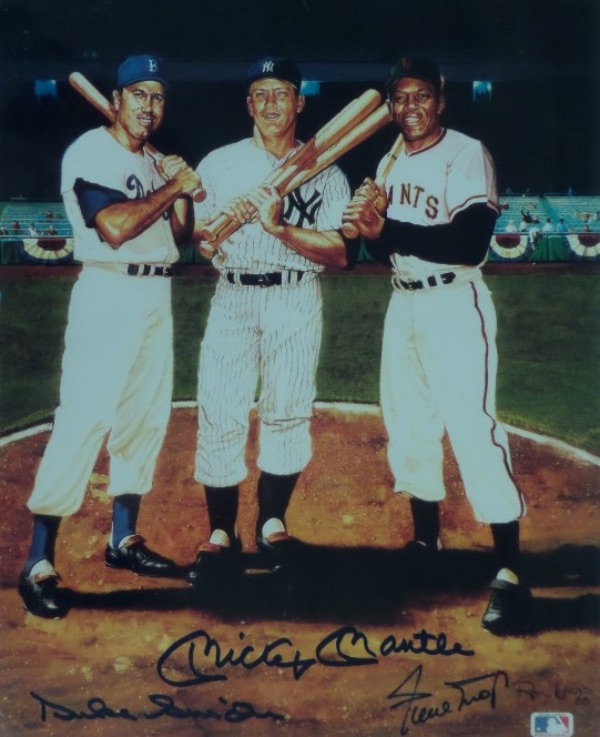 This full color 8x10 print is from an original Ron Lewis artwork, featuring a color of image of the three great HOF New York centerfielders of the 1950's.  It is autographed by all three, including Mickey Mantle (dec), Duke Snider (dec) and Willie Mays, will show off beautifully upon framing, and is valued into the high hundreds!