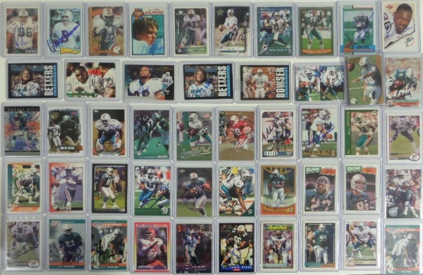 It's relatively safe to say that you'll never see a lot quite like this.  It comes to us from longtime bidder/consignor Dan Staight, a lifelong Dolphins fan and collector, who obtained these signatures in person over the years.  Included are names like Abdul Jabbar, Buckley, Huard, Fiedler, Duhe, Vincent, Betters, Cox, Sims, Von Schamann, M. Golic, Bowser, and so many more.  Please see our attached photo for this amazing array of Dolphins!!!
