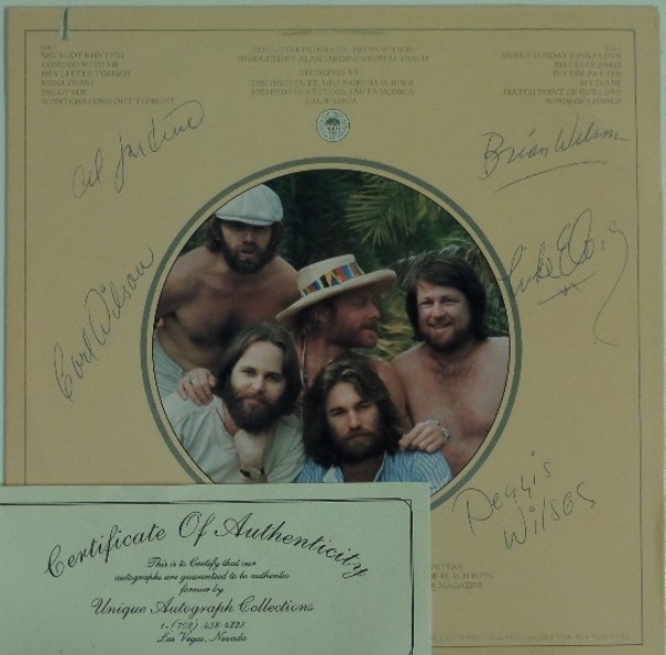 This 1978 Beach Boys "M.I.U." LP album cover is in EX shape, and comes hand-signed on the back by ALL FIVE longtime band members!  Included in blue ink are Brian Wilson, Al Jardine, Dennis Wilson, Mike Love and Carl Wilson, with signatures grading 8's or better, and certified by Unique Autograph Collections.  With 2 of the 5 men on here no longer with us, retail on this gorgeous collector's item is VERY high hundreds, maybe even low thousands!!!
