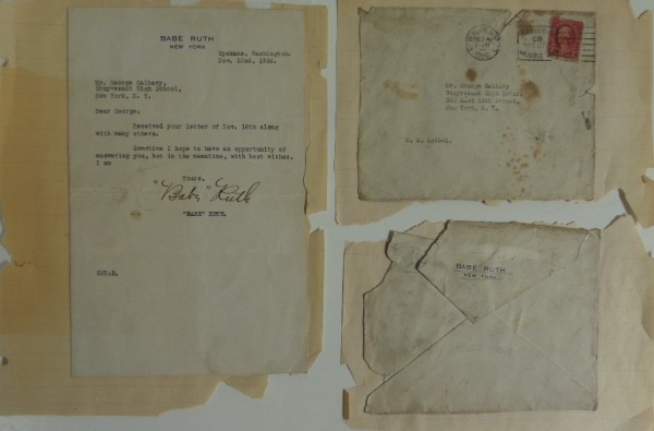 This 5.25x8.25 type-written letter is on Babe Ruth stationary, and dated from November 22, 1926.  It is hand-signed at the bottom in black fountain pen ink by The Bambino, and includes both front and back of the envelope that The Babe sent the correspondence in.  A super duper classic MLB collector's item, and retail is at least 100 TIMES our minimum!!!