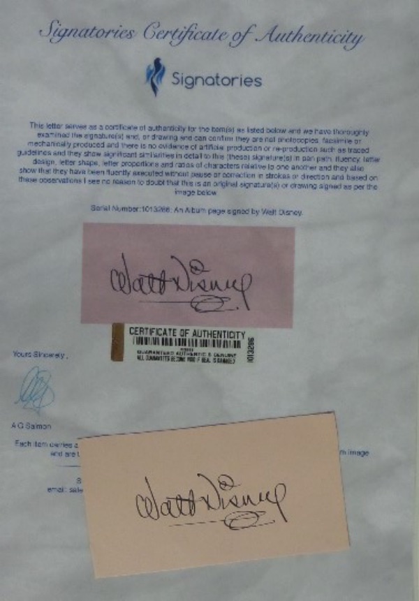 This cut of peach-colored paper measures right around 2.5x4 in size, and is in EX/MT to NM condition.  It is hand-signed in black by entertainer/creator extraordinaire, Walt Disney, with the signature grading a legible 8.5.  Comes with a full photo LOA from Signatories for your assurance, and retail is very high hundreds!