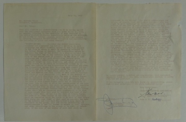 You're just not going to find another one of these ... well ... pretty much anywhere!  This unbelievable Hollywood item is a two page, type-written contract, dated from July 29, 1955, and for the movie, "Twenty Second."  It is hand-signed at the bottom on the second page by three, one of whom is two time Academy Award recipient, Spencer Tracey.  A fantastic blue ink signature that grades a legible 8.  Seriously, this is a TRUE one of a kind piece, ready to frame and display, and, with Tracy gone now nearly 60 years, retail is THOUSANDS, to be sure!