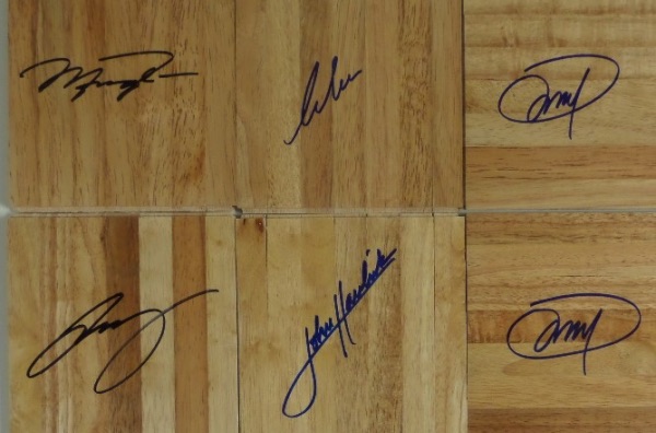 This wonderful group lot is SIX wooden 6x6 floor boards, each in EX/MT to NM condition, and each is hand-signed by a superstar player of past or present.  Included are Michael Jordan, John Havlicek, Luka Doncic, LeBron James and (2) by Joel Embiid!  That's some serious star power, with a total retail valued in the low thousands!