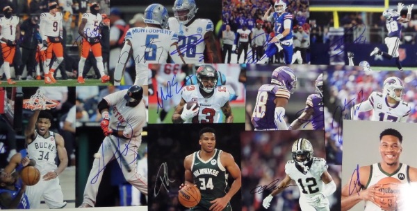 This unique group lot totals TWELVE full color 8x10 photos of big time athletes, and each is hand-signed by the player(s) depicted.  Included are a few different Giannis photos, a Montgomery/Gibbs Lions photo, a Burrow/Chase/Higgins Bengals photo, Josh Allen, CeeDee Lamb, David Ortiz and more--please see our attached photo.  Retail is low thousands!!!