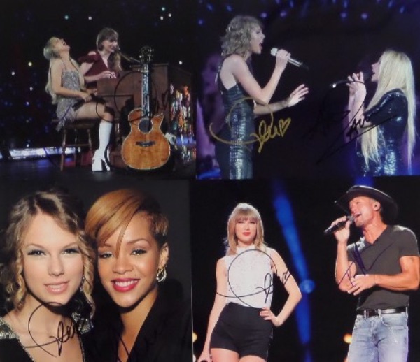This fantastic and high value entertainment lot is FOUR full color photos of Taylor Swift with another star, either posing or performing in concert.  Each photo here is signed not only by Swift, but also by the other, and included are Taylor Swift/Avril Lavigne, Taylor Swift/Tim McGraw, Taylor Swift/Rihanna and Taylor Swift/Sabrina Carpenter, and each is signed by BOTH!!!  Total retail value here is easily thousands, especially with the rabidity of the Swifties!