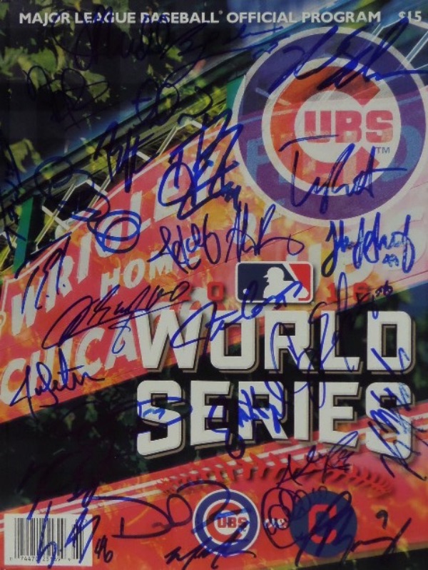 This amazing piece of history is a 2016 Cubs vs. Indians World Series Program, hand-signed on the front cover in blue sharpie by 25 members of the team that finally broke the curse!!!  Included are Joe Madden, Kris Bryant, Anthony Rizzo, Jon Lester, John Lackey, Aroldis Chapman, Javier Baez, Ben Zobrist, Jason Heyward, Jake Arieta, Addison Russell, Kyle Schwarber, Kyle Hendricks, David Ross, Dexter Fowler, and all the rest.  If you're a Cubs fan with a collection, then you owe it to yourself to add this baby!