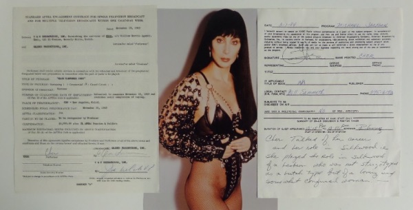 This one of a kind collector's lot is right up your alley if you are a Cher fan!  It is TWO different contracts, one for a 1969 airing of the Glen Campbell Show, signed in blue ink by Cher, and the other is for a radio show in 1984, signed in black by Cher, with signatures reflecting the eras.  Completely unique, and valued into the very high hundreds!