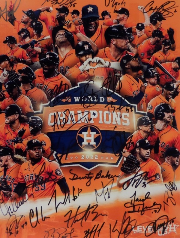This full color Houston Astros 2022 World Champions 11x14 print shows images of all team members, and comes hand-signed in black sharpie by more than 20 members of this star-studded squad.  Included are Dusty Baker, Jose Altuve, Justin Verlander, Yordan Alvarez, Jeremy Pena, Framber Valdez, Kyle Tucker, Alex Bregman and all the rest, and this baby will frame and display spectacularly in any Astros collection!