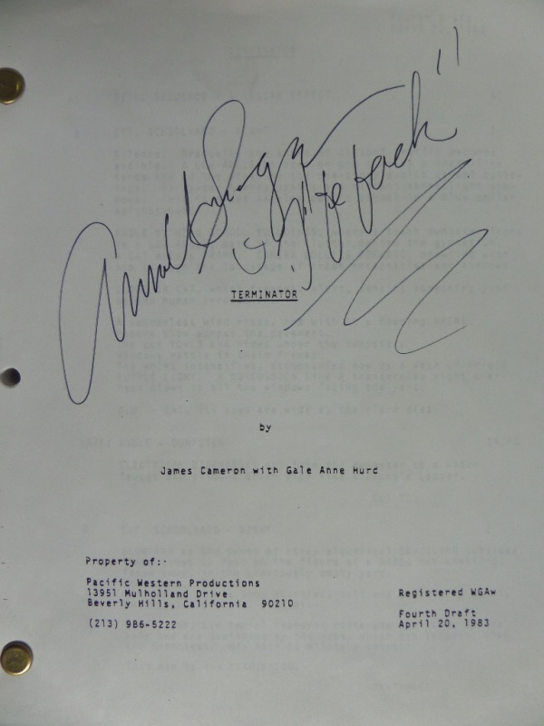 This "Terminator" full script is still in EX overall condition, and comes hand-signed in black flair or sharpie by the Terminator himself, former Mr. Olympia and California Governor, Arnold Schwarzenegger!  The signature grades a strong 8.5 at least, with an I'll Be Back inscription, and this piece will make for one heck of an addition to any Hollywood collection!