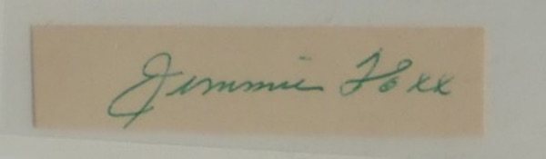 This roughly 1x4 cut of thicker stock is in EX/MT overall condition.  It is hand-signed nicely in green by "Double X" himself, A's/Red Sox Hall of Fame 1st sacker, Jimmie Foxx, and the clean signature grades a strong 9 overall.  Ideal for matting and framing with the photo of your choice, and retail is low thousands from this long-deceased all time great!