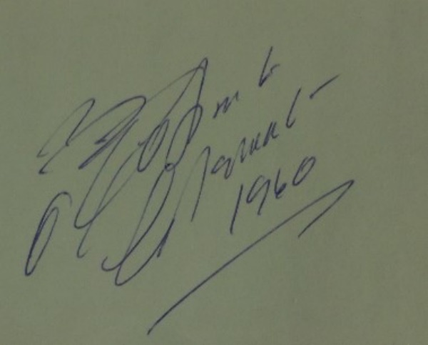 This vintage cut of light green paper measures approximately 4x5 in size and is in NM condition.  It is blue ink-signed by the late, great Pittsburgh Pirates HOF outfielder, his signature grading a legible 8 at least, with a 1960 date added in his hand, and will frame and display spectacularly with the photo of your choice.  Valued well into the hundreds!
