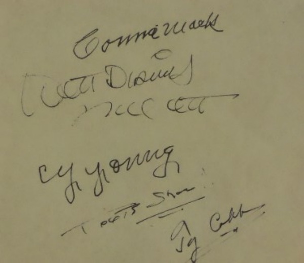This large 4.25x4.75 piece of paper looks to have been removed from an original collector's album, and is in EX shape overall, with rounded edges on the right hand side.  It is black ink-signed by a quintet of all time greats, including Connie Mack, Cy Young, Ty Cobb and Mel Ott ... and even Walt Disney, complete with a and Toots Shor inscription, so, it's probably a safe bet to assume that this page was signed at the famed NYC Restaurant.  Valued well into the thousands!