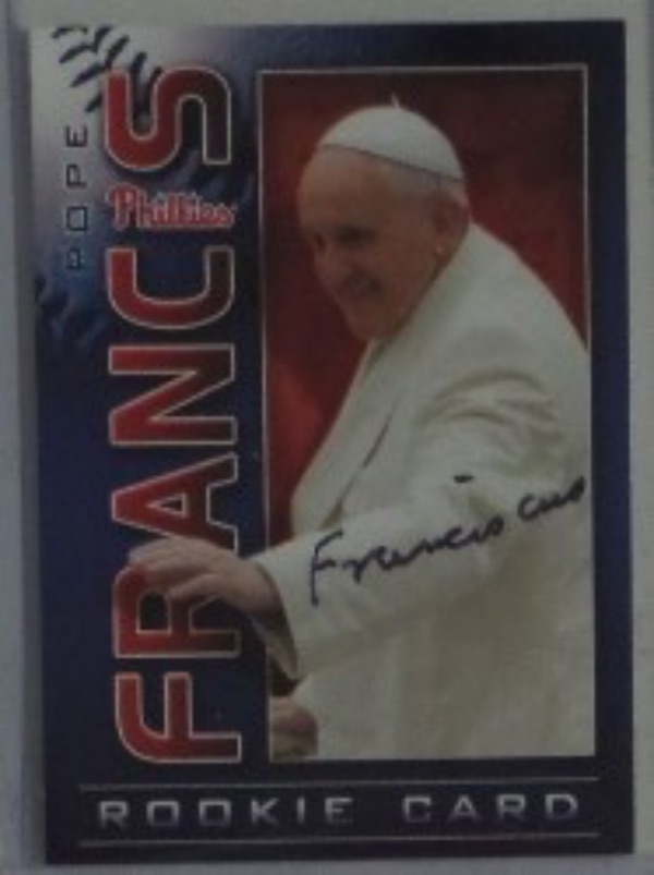 This 2015 Philadelphia Phillies #266 Pope Francis trading card comes to us in NM/MT condition!  It is hand-signed in black sharpie or flair pen by the Pope himself, is 100% authentic, and retail WAS high hundreds.  Now?  Gotta be into the thousands!!!