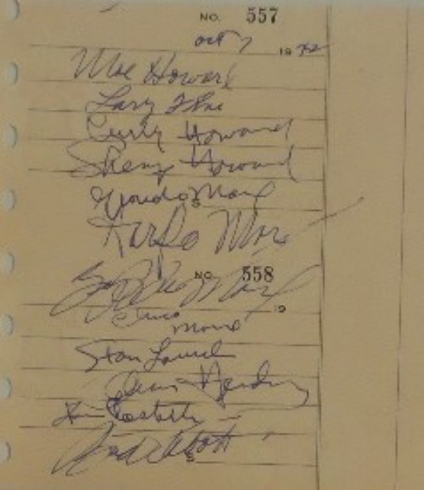This MUST HAVE entertainment item is a very old check voucher on pale orange paper, measuring 5.5x5.75, and still in EX/MT condition.  It is hand-signed by members of four legendary comedy teams, including "Stooges" Moe Howard, Larry Fine, Curly Howard and Shemp Howard, "Marx Brothers" Groucho Marx, Harpo Marx, Zeppo Marx and Chico Marx, as well as the tandems of Bud Abbot and Lou Costello, and Stan Laurel and Oliver Hardy!  It is dated from 1942, and, according to our consignor, was signed at the iconic Brown Derby.  I cannot imagine that there are many pieces out there with these 12 signatures, but hey, if you want to pass this opportunity up, I'm sure there'll be another one ... in like a decade!!!