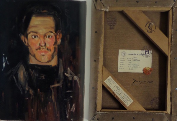 This 10x14 custom mounted canvas piece is an image of HIMSELF and is well over 120 years old and NICE! Typical Picasso style and he has signed the bottom in black with the date included!! Comes with several Gallery seals/stamps/markings on the reverse and BEGS to be framed and displayed! I've seen similar size and pieces from Picasso sell in the mid 6 figures.  Lots of assorted colors etc. here --WOW!