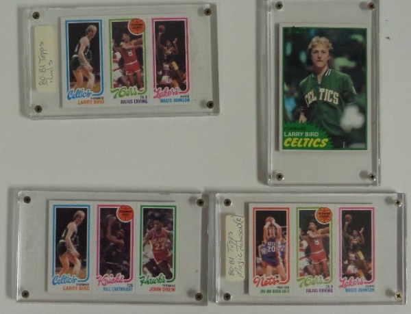 This lot is FOUR cards, his 1981-82 card #4 in mint condition, plus THREE other panel cards featuring Bird, Magic and Doctor J. They are cards #34(Bird), #139 & #174 Magic & Erving, (same card) and #139 Magic & #34 Bird (Same card) I've seen this variation sell into the low thousands.