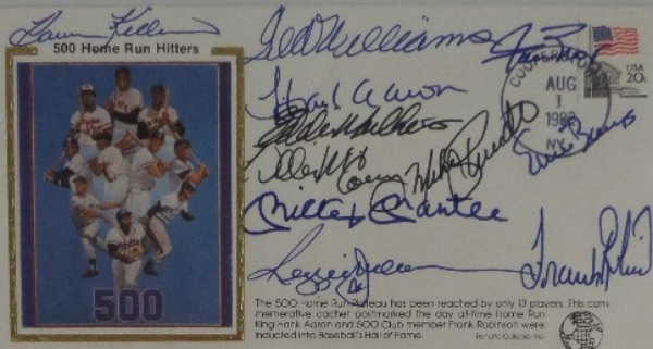 This 1982 silk cachet is to commemorate the 500 Home Run Club, and shows a color image of the (then) living members of the group.  It is hand-signed by 11, including Mays, Aaron, Mantle, Williams, Jackson, Killebrew, Schmidt, McCovey, Banks, Mathews and Robinson, and, with only two of these men still living, retail is over a grand!!!