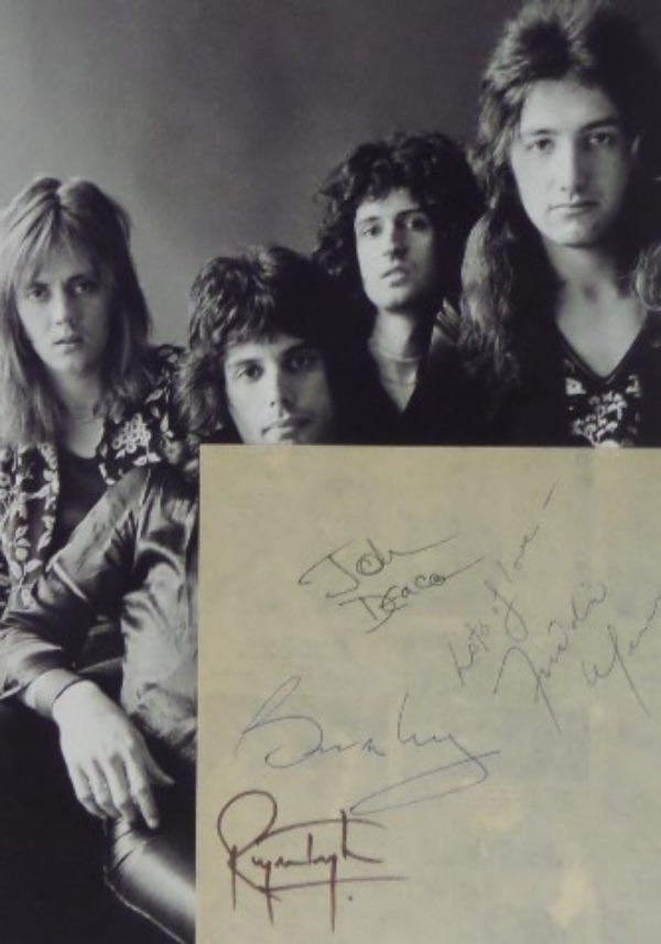 This large cut of  white paper measures approximately 5.5x6, a very large size for matting.  It features different signatures from all four members of HOF English rock band Queen, including Freddie Mercury (dec), John Deacon, Brian May and Roger Taylor, and these signatures look stupendous!!!  Comes with a black and white 8x10 photo for matting and framing, and the retail potential here is sky high!