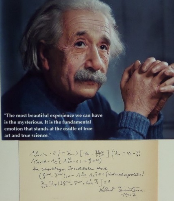 This 3.5x7 cut of off white paper is in EX condition, and comes hand-signed in black ink by scientific genius, Albert Einstein.  This is a very bold, well-kept signature, grading a solid legible 7, and including a detailed equation, and with his death now more than 60 years ago, retail here is very high hundreds!