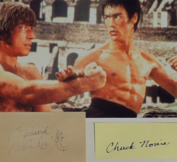 This fantastic one of a kind collector's chance is TWO different cuts, each hand-signed by one of the finest martial artists of his time.  Included are one by film icon Bruce Lee and one by former World Champion Chuck Norris, and a color photo of the two in "The Way of the Dragon" for display!