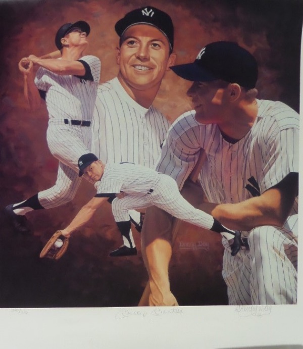 This $4000.00 work is from artist Danny Day, shows Mickey is 4 awesome color poses, and is one of only 536 numbered pieces in the world. It comes signed along the bottom by both the artist, and Mantle, the legendary 500 HR Hitting HOF Hero. MINT all over, and sold here with NO reserve! A COA and color picture of Mickey signing it accompanies for provenance.  