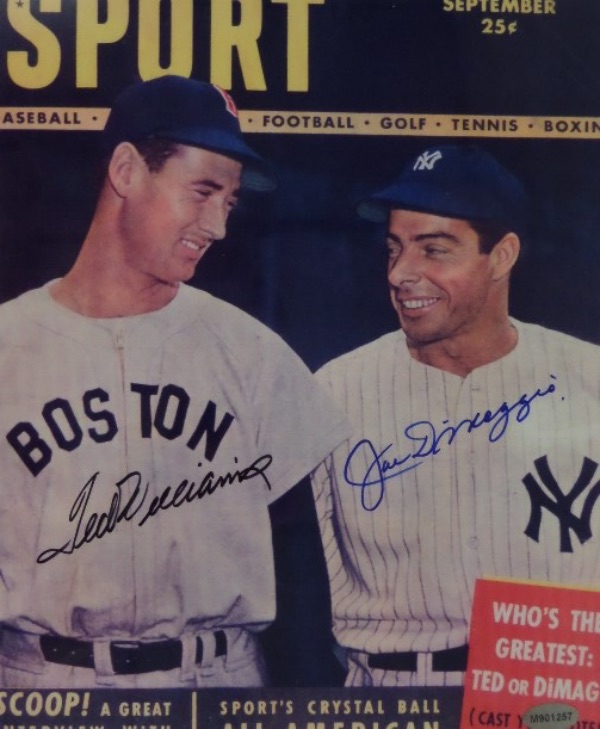 This full color 8x10 print is an image of a SPORT magazine cover of Ted Williams sharing a laugh with Joe DiMaggio.  It is hand-signed in black by Williams, in blue by DiMaggio, with each grading a 9 or better, and they come certified by All American Sports for your assurance.  With both all time greats on here, retail is mid/high hundreds!