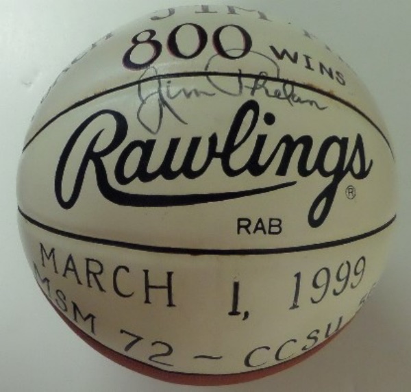 This full size basketball from Rawlings is an older one, in VG+/EX shape, with three white panels.  Hand painted on the white panels is the following: COACH JIM PHELAN 800 WINS MARCH 1, 1999 MSM 72 - CCSU 56, which was obviously written by someone connected to the Mount St. Mary's basketball program.  At the time, he was only the 4th coach in NCAA history to achieve 800 wins, and this one of a kind item, signed by him, is a MUST HAVE for college basketball fanatics!