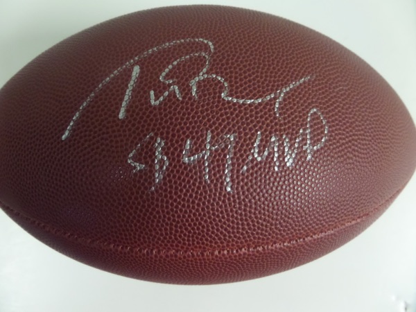 This official Wilson NFL ball comes signed perfectly in silver by this all-time legend with "SB 49 MVP" included! Great ball with a HUGE retail now that the greatest ever has retired and is not signing much at all.  Guaranteed authentic and as nice as it gets. WOW