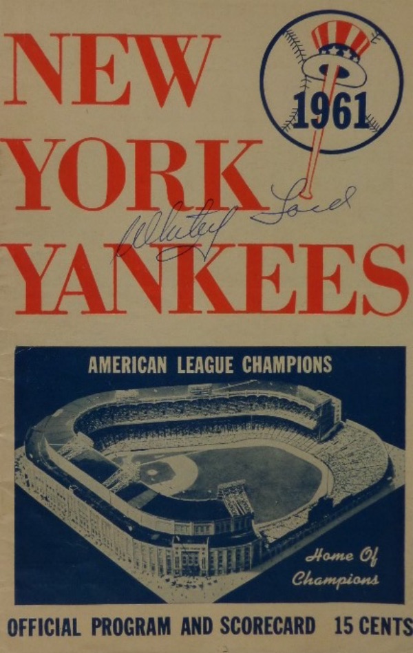 When you think of the storied history of the New York Yankees franchise, two years stand out above all others; 1927 and 1961.  This New York Yankees Official Program and Scorecard is from that amazing 1961 season, and comes hand-signed on the front in blue ink by the man who won 25 games AND the Cy Young that year, HOF great Whitey Ford.  The signature grades an overall 8.5, and with Whitey no longer with us, this AWESOME Yanks collector's item is valued into the mid hundreds, at least!