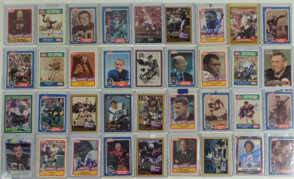 This truly amazing and ONE OF A KIND card lot is no less than FIFTY-FIVE football cards of all time great, HOF gridiron greats.  Each is hand-signed by the corresponding player, and included are marquee HOF names like Red Badgro, Sammy Baugh, Chuck Bednarik, Bobby Bell, Raymond Berry, Fred Biletnikoff, George Blanda, Terry Bradshaw, Rosie Brown, Buck Buchanan, Tony Canadeo, Len Dawson, Mike Ditka, Tom Fears, Ray Flaherty, Dan Fouts, Sid Gillman, Jack Ham, Crazylegs Hirsch, Lamar Hunt, Charlie Joiner, Kenny Houston, John Henry Johnson, Deacon Jones, Stan Jones, Steve Largent, Yale Lary, Dante "Gluefingers" Lavelli, Tom Mack, Gino Marchetti, George McAfee, Mike McCormack, Hugh HcElhenny, George Musso, Tommy Nobis, Jim Otto, Alan Page, Ace Parker, Jim Parker, Pete Rozelle, Ed Sabol, Charlie Sanders, Joe Schmidt, Art Shell, Mike Singletary, Ernie Stautner, Lawrence Taylor, YA Tittle, Charley Trippi, Gene Upshaw, Arnie Weinmeister, Bill Willis, Alex Wojciechowicz, Larry Wilson, and last, but certainly NEVER least, Art Donovan.  These cards come from the personal collection of longtime bidder, Dan Staight, who painstakingly acquired this amazing collection over many years, and retail?  Well, we'll put it this way.  Of the 55 HOF'ers here, only 9 are still alive, so this lot can easily retail for multiple thousands, and you absolutely WILL NOT find another like this!