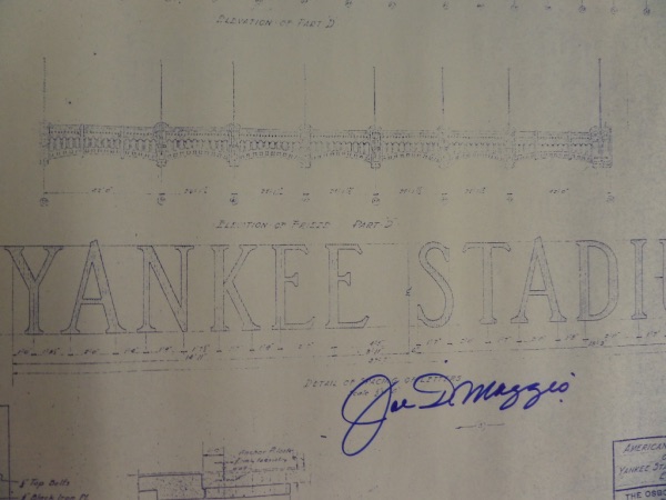 This HUGE 2x3 foot gem is in amazing condition, shows the 1929 building plans from the old, original Bronx Stadium in several facades, and comes IN PERSON signed by the "Yankee Clipper" himself. It grades a clean bold 10 all over, comes from the original architects, and is a superb copy signed by Joe from a 1990 era private signing. Amazing!