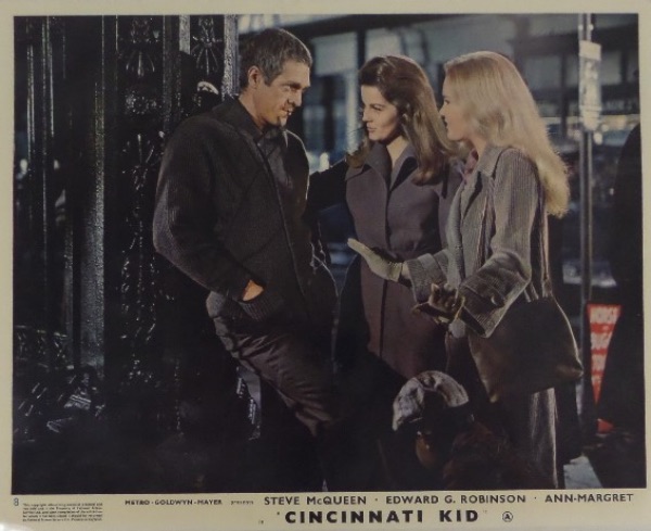 This vintage 8x10 publicity photo shows a scene from the 1965 hit movie, "Cincinnati Kid."  It is hand-signed in black by the star of the movie, one Steve McQueen, and though the autograph is on a darker spot, it still grades an overall 5.5-6.  Ready for framing, and, with McQueen gone nearly 50 years, retail is low thousands!