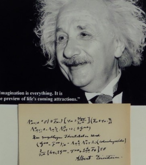 This roughly 5x7.5 cut of off white paper is in EX/MT condition, and comes hand-signed in black ink by scientific genius, Albert Einstein.  This is a very bold, well-kept signature, grading a solid legible 7, and including a detailed equation, and with his death now more than 60 years ago, retail here is very high hundreds!
