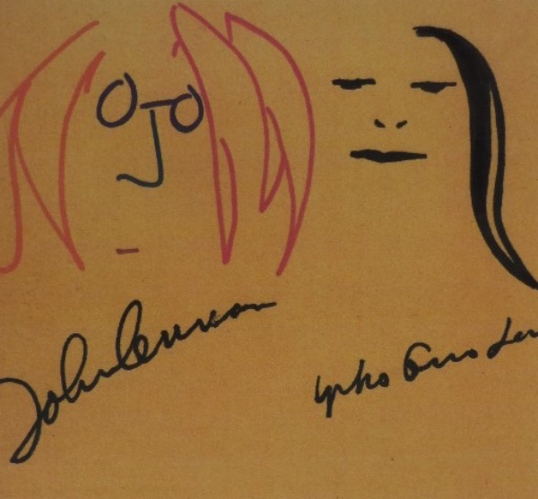This thicker stock of light brown paper measures about 8x10 in size, and is still in NM condition.  It features a drawing by John Lennon of he and wife, Yoko Ono, and comes hand-signed in black by the famed 1960's-70's couple.  This piece can frame on its own, or could be framed and matted with a Plastic Ono Band LP for a truly unique display, and retail is low thousands!
