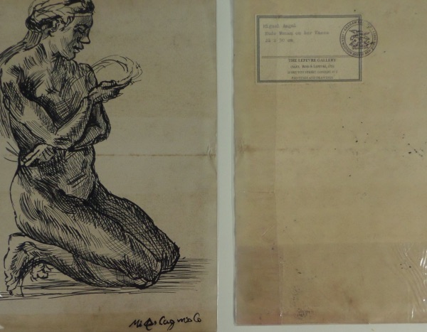 This amazingly rare piece is an apparent preparatory work done by this Italian Renaissance artist, architect, sculptor, etc. and measures 9"x12" in size. Titled "Nude Woman on her Knees" and depicts such.  Signature is on the bottom right and the back of the rare gem contains Gallery marking and stamp from the Lefevre Gallery in London. 