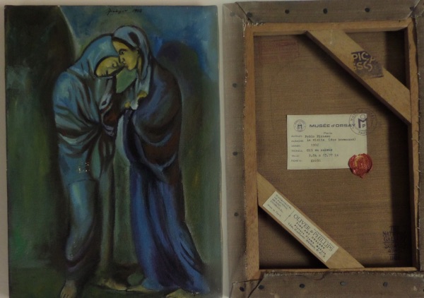 This 11x14 custom mounted canvas piece shows 2 women sharing a light embrace and is well over 120 years old and NICE! Typical Picasso style and he has signed the top in black and dated from 1902!! Comes with several Gallery seals/stamps/markings on the reverse and BEGS to be framed and displayed! I've seen similar size and pieces from Picasso sell in the mid 6 figures.  Titled "La Visita"! WOW!