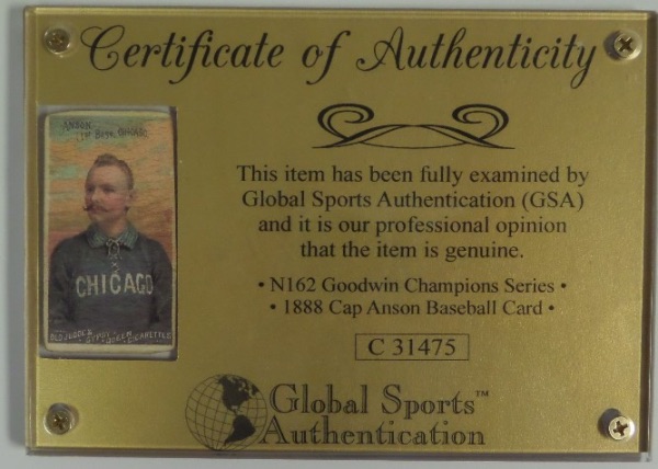 This card books super high and comes lucite-sealed in a custom case by Global Sports Authentication  (#C31475).  It has the Goodwin & Co. back and is in G+ shape overall and shows off wonderfully.  Very rare and sought-after and valued at MANY times this low opening bid. 