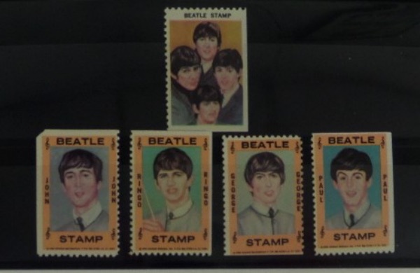 THIS RARE lot from the HALLMARK company in 1964 is the COMPLETE stamp set of the BEATLES, with one stamp each of the 4 members and the Group stamp. This was the set that was limited in quantity and IN DEMAND even back in 1964, and this one is in truly NM condition, and a MUST for the Beatle collectors.