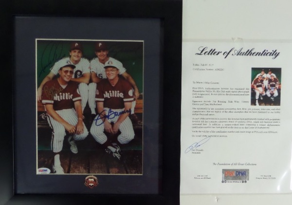 This fully certified PSA/DNA piece is matted and framed professionally, and holds a group color 8x10 which shows, and comes hand signed by, at the time, every living Phillies hurler to throw a no-hitter. I see signatures from Rick Wise, Tommy Greene, Terry Mulholland and late HOF'er Jim Bunning. It grades as good as it gets, and value, especially to a true Phillies fan, is priceless! 