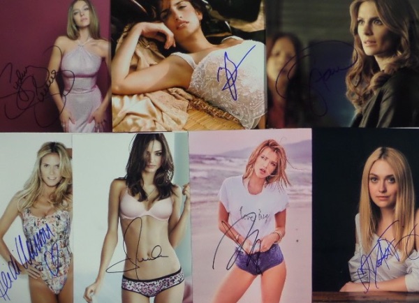 This wonderful celeb collection is TWENTY-FIVE different color photos of sexy female celebrities, and each is autographed to boot!  Included are big time names like Sydney Sweeney, Heidi Klum, Penelope Cruz, Mira Sorvino, Sandra Bullock, Chloe Moritz, Stana Katic, Cindy Crawford, Phoebe Cates, Kate Hudson, Rachel Weisz, Drew Barrymore, Cameron Diaz, Elizabeth Osen, and many more.  Awesome group lot, valued into the low thousands!