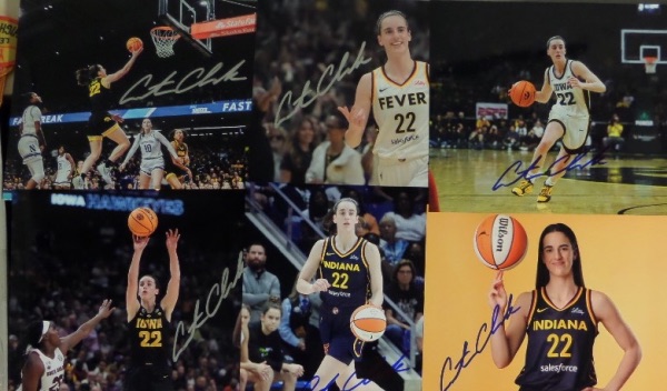 This RARE chance here at CCSA is a grouping of TEN full color 8x10 photos of Caitlin Clark with both the Iowa Hawkeyes Indiana Fever.  Each is penned by the hugely popular basketball star herself, and the lot of TEN can easily retail into the low thousands right now!