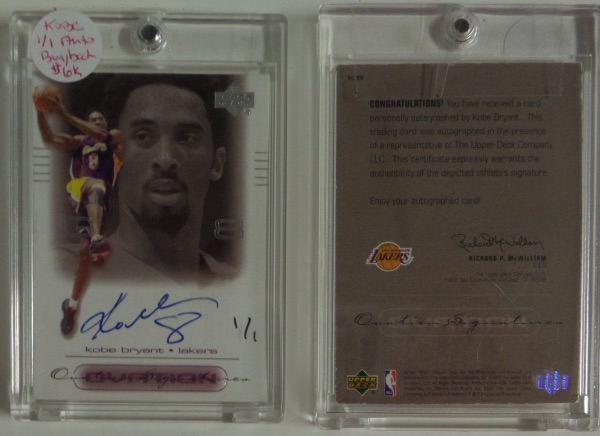 This 2000 Upper Deck Ovation Signatures KB card is an authentic autograph card, signed on the front in blue sharpie by the all time great NBA player himself.  The card is slabbed in EX overall condition, numbered 1/1, and comes to us in a super solid Zion Case for protection.  The retail value on this card is literally THOUSANDS, but we're going to start out with a rock bottom, equal opportunity intro bid!!!