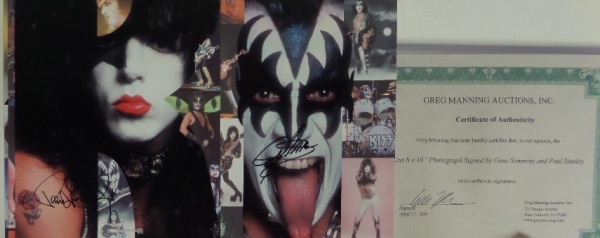 This rare rock n' roll HOF chance is TWO hand signed color 8x10's, Paul Stanley and Gene Simmons, and from a 4-photo kit that was sold at the Kiss Auction in 2000 at Paramount Studios. Great lot, high value with Gene and Paul, and with a Greg Manning lifetime LOA for certainty. 