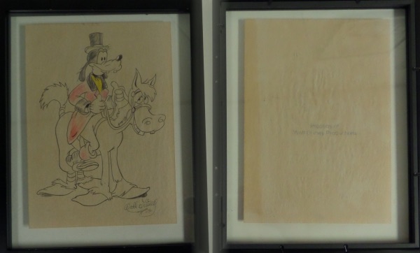 This real, all by hand and original sketch was used and stamped on back by "Disney Studios" in the 1950's. It shows Goofy riding a horse, measures a large 8x10 in size, and comes hand signed by Disney himself across the bottom. It is a real treasure, a solid buy and hold investment, and comes framed for your pleasure. 